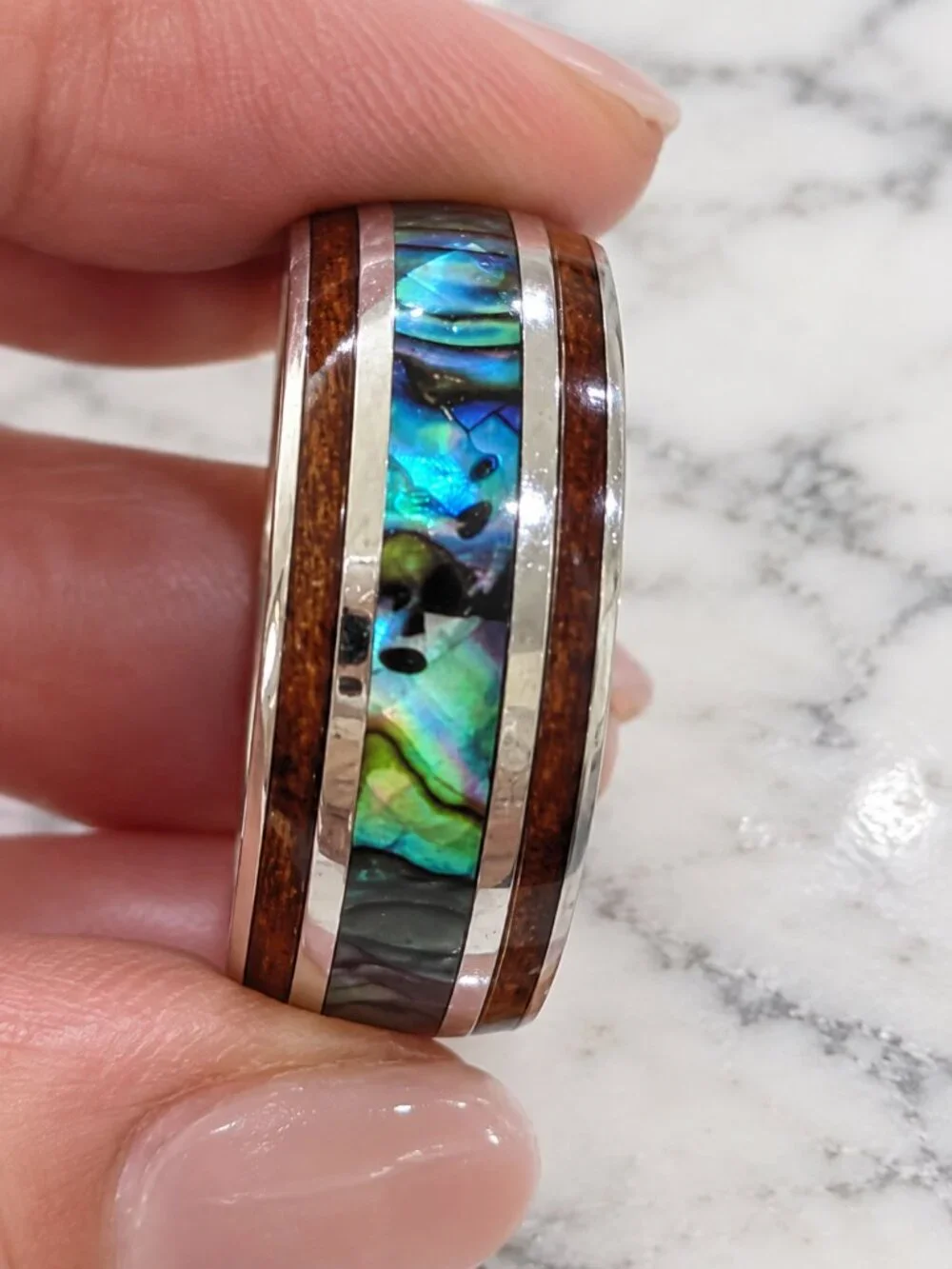 Men's Abalone Inlay Tungsten Ring with Wood Accents - Blue/Green